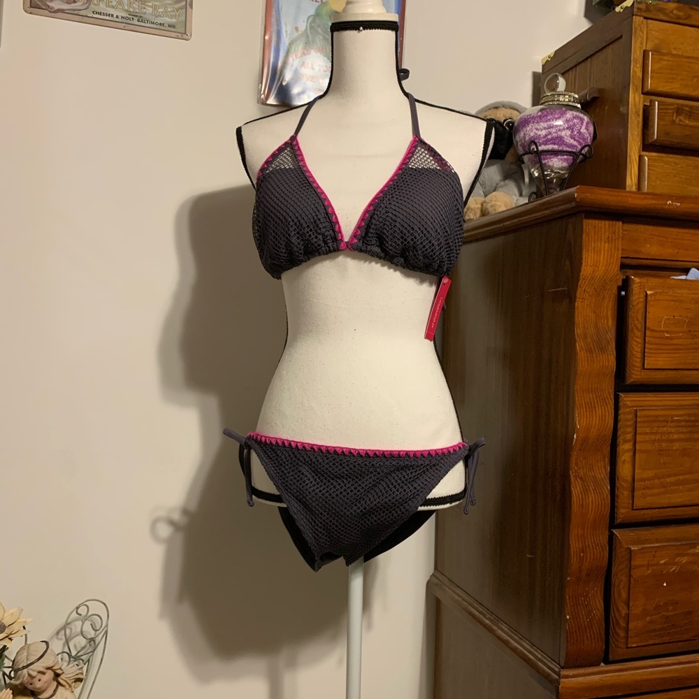 Xhilaration Gray Pink Fishnet String Bikini Set